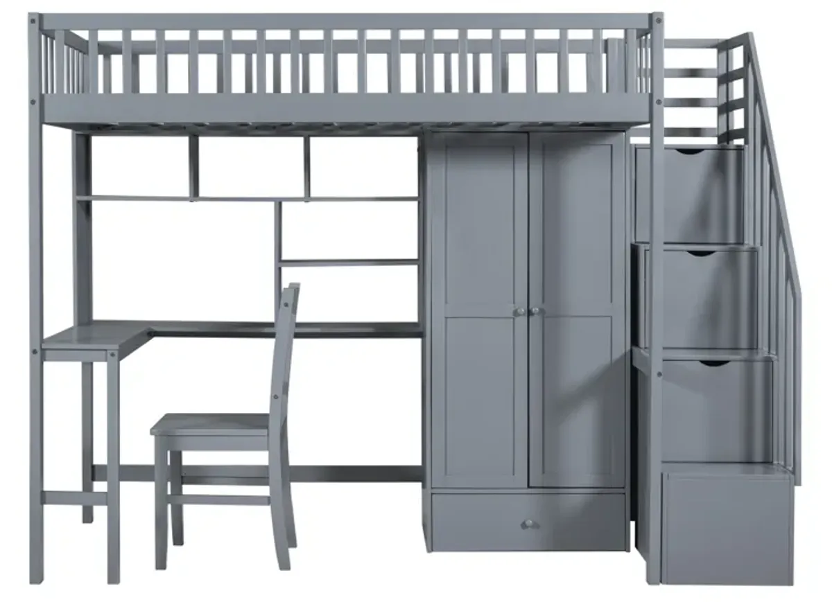 Twin Size Loft Bed with Integrated Desk, Bookshelf, Wardrobe, and Chair