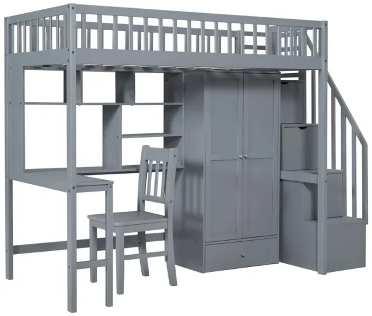 Twin Size Loft Bed with Integrated Desk, Bookshelf, Wardrobe, and Chair