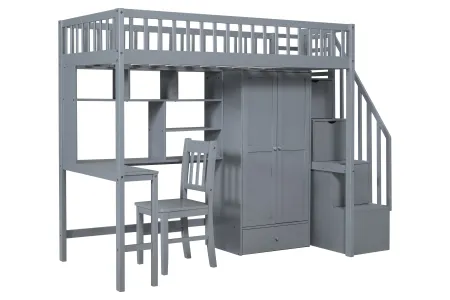 Twin Size Loft Bed with Integrated Desk, Bookshelf, Wardrobe, and Chair