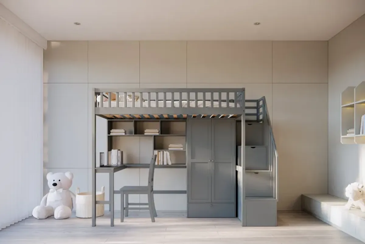 Twin Size Loft Bed with Integrated Desk, Bookshelf, Wardrobe, and Chair