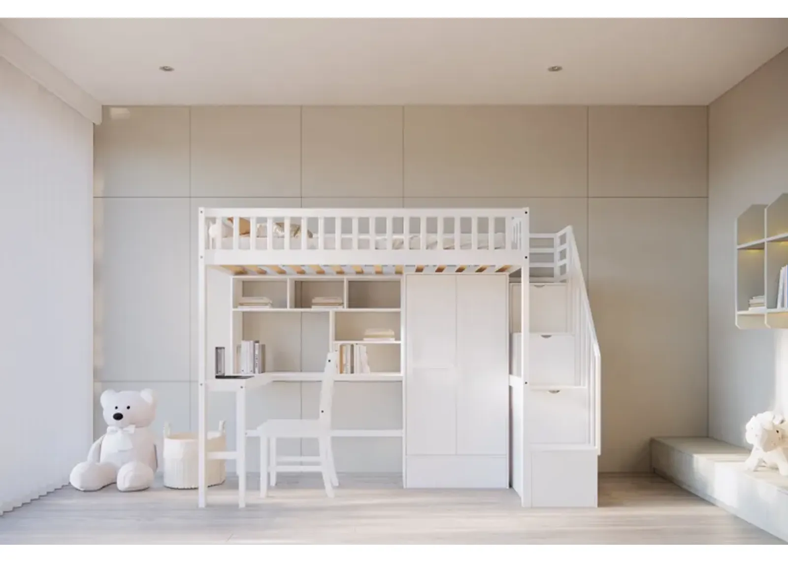 Twin Size Loft Bed with Integrated Desk, Bookshelf, Wardrobe, and Chair