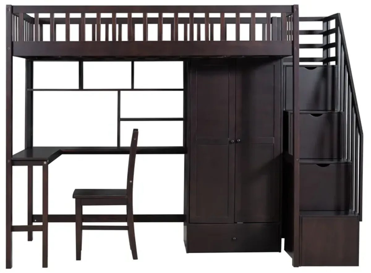 Twin Size Loft Bed with Integrated Desk, Bookshelf, Wardrobe, and Chair