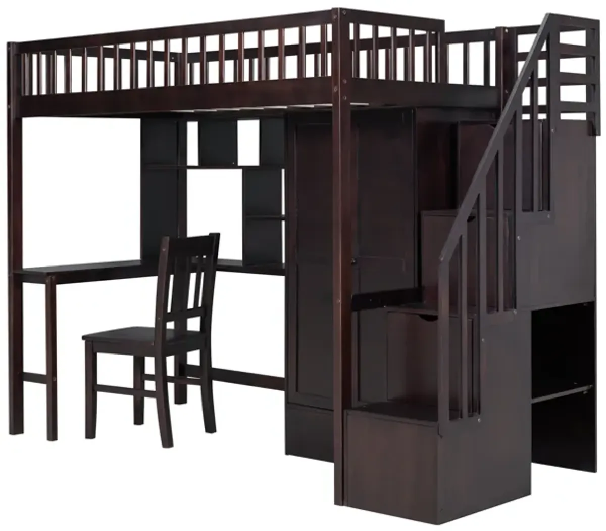 Twin Size Loft Bed with Integrated Desk, Bookshelf, Wardrobe, and Chair