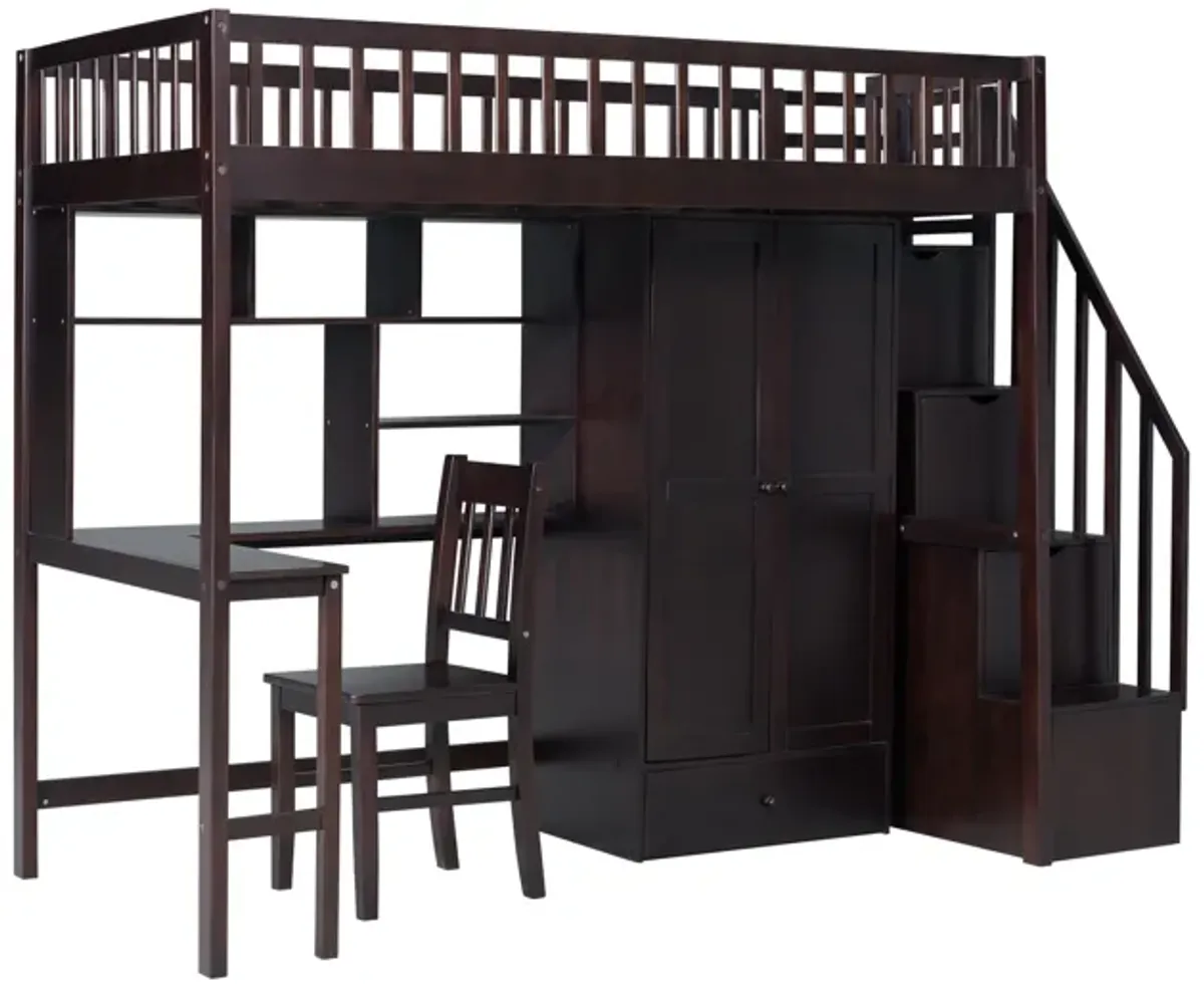 Twin Size Loft Bed with Integrated Desk, Bookshelf, Wardrobe, and Chair