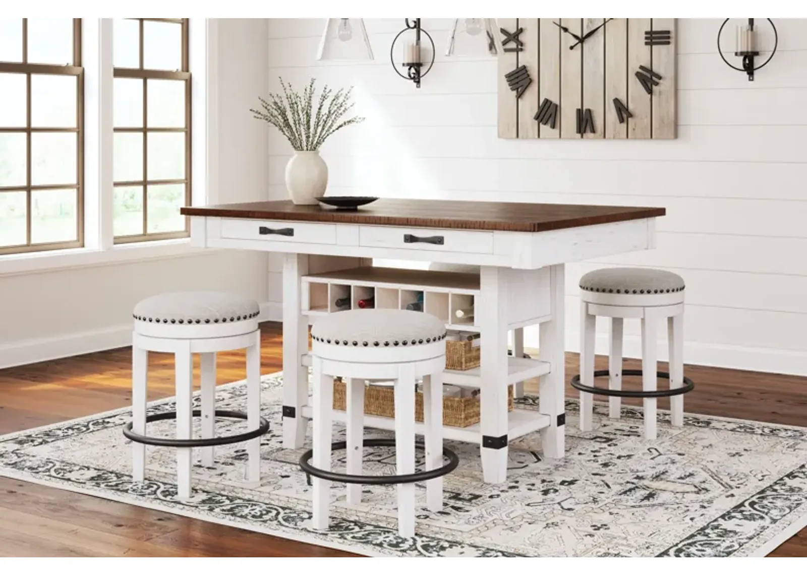 Valebeck - White / Brown - 5 Pc. - Counter Table With Wine Rack, 4 Swivel Stools