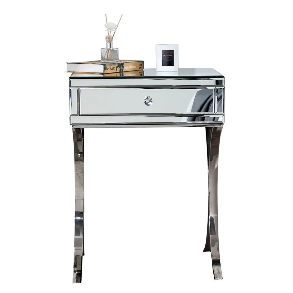 Mirrored Nightstand With 1 Drawer - Silver Finish