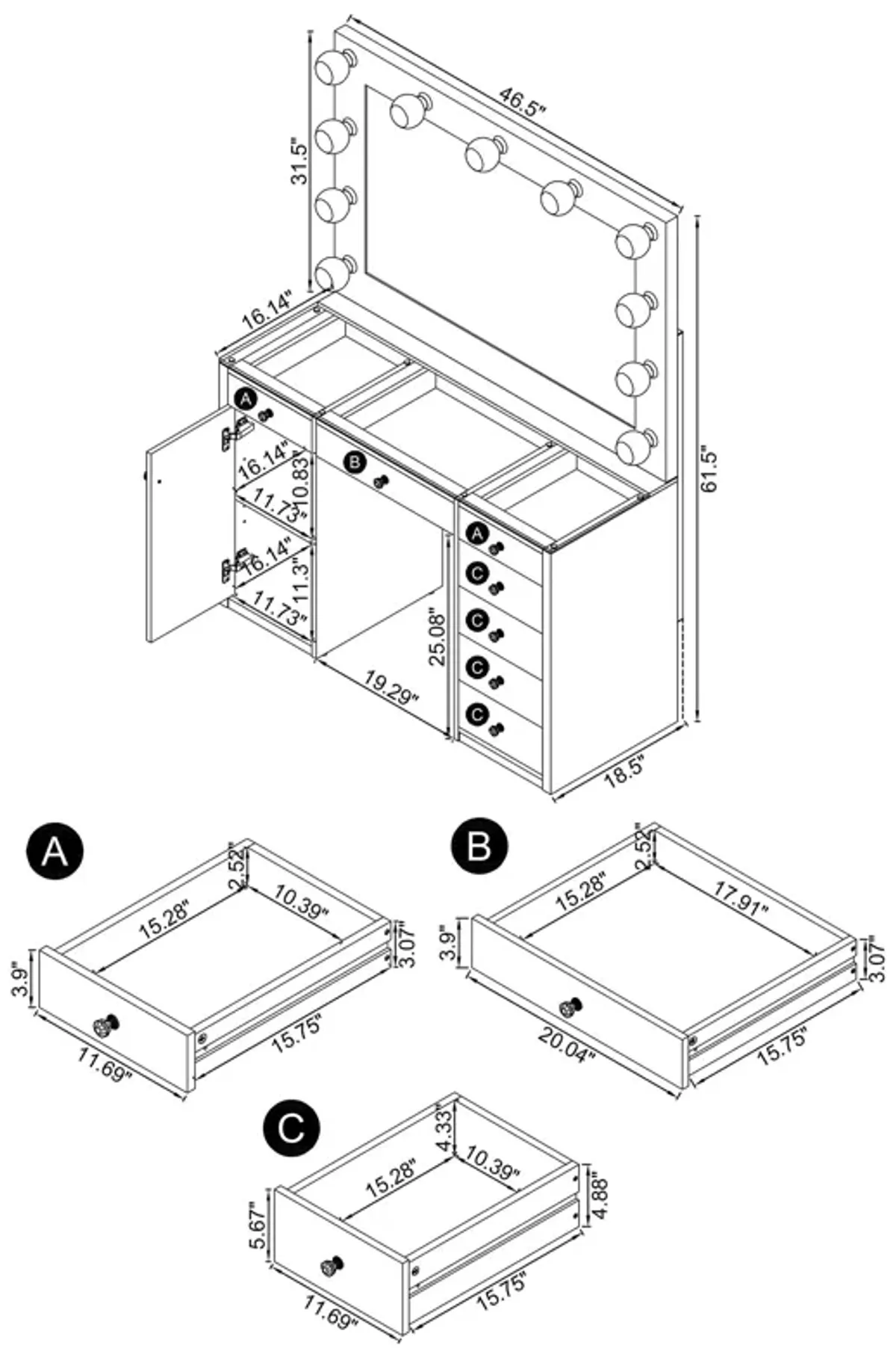 Acena - 7-Drawer Vanity Set With Lighting