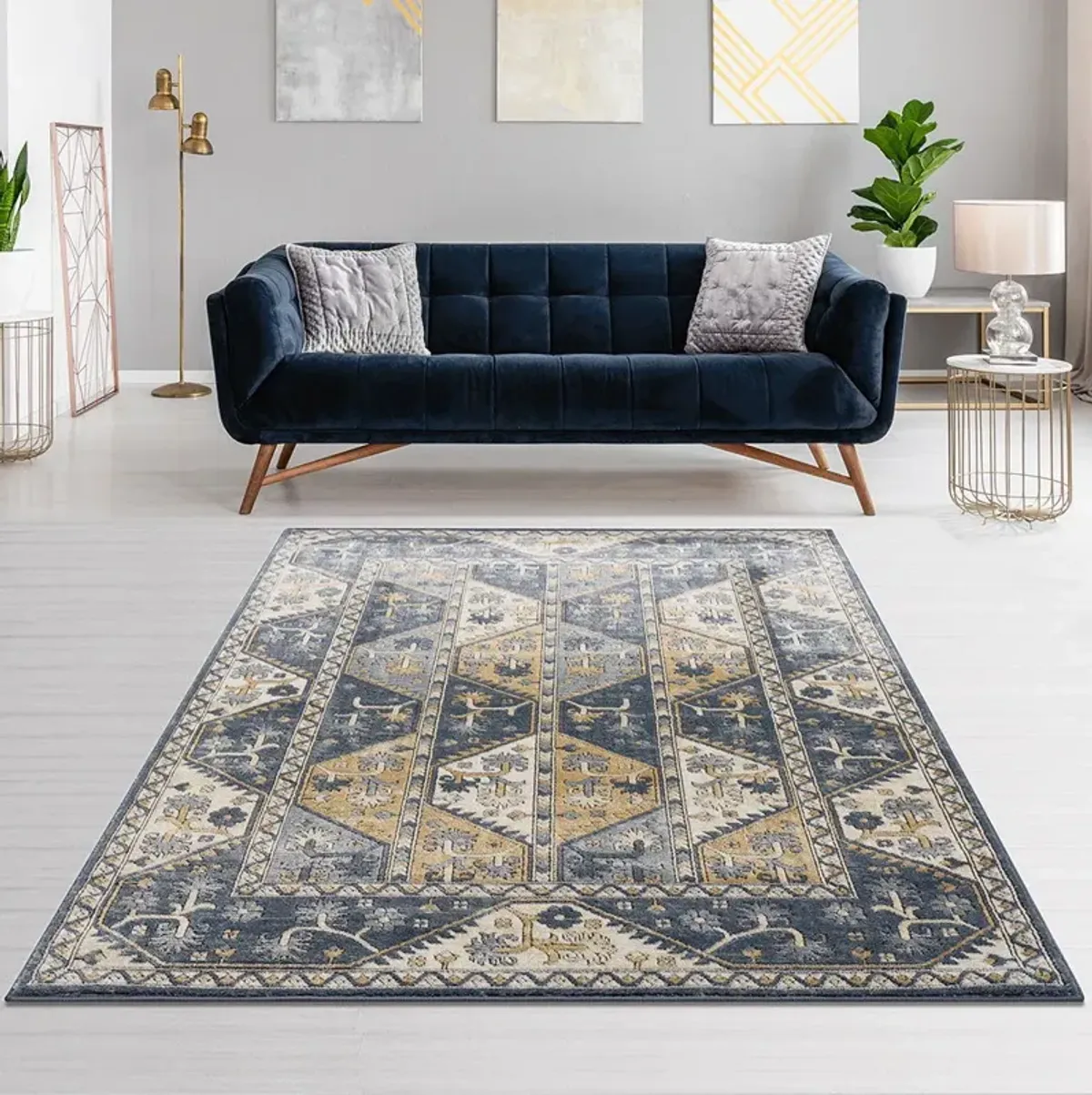 Dakota - 8' X 10' Tiled Border Area Rug - Blue / Cream