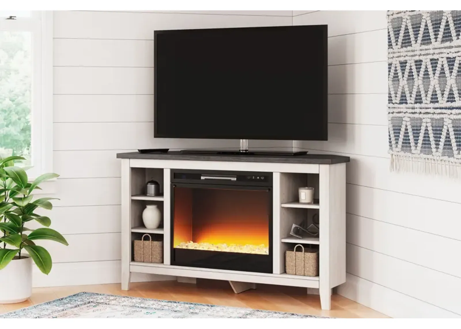 Dorrinson - Corner TV Stand With Fireplace Insert