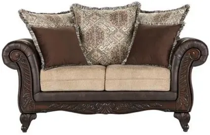 Elmbrook - Upholstered Rolled Arm Loveseat With Intricate Wood Carvings - Brown