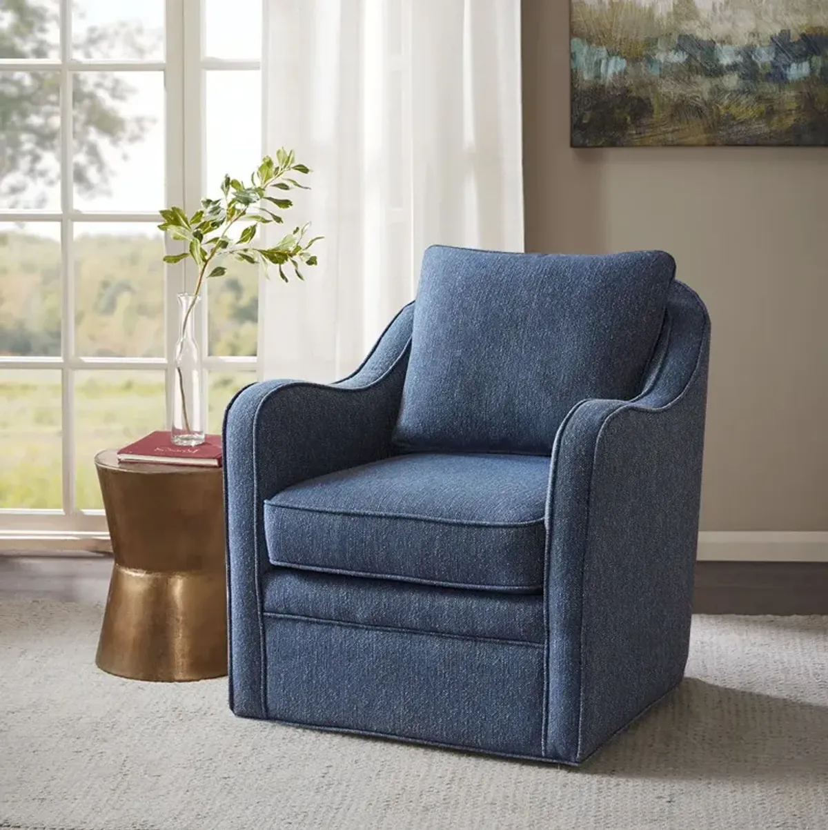 Brianne - Slub Weave Wide Seat Swivel Arm Chair - Navy