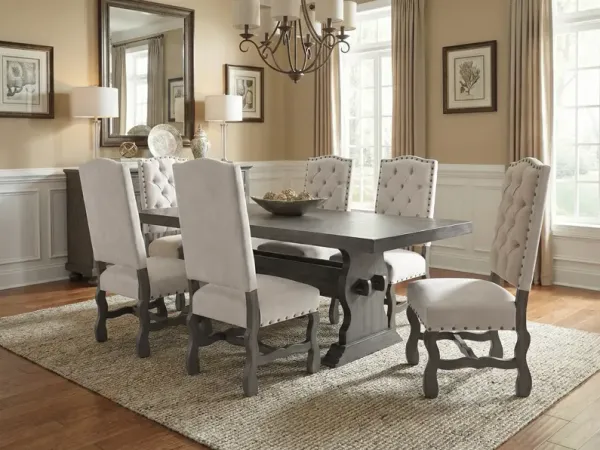 7-Piece Trestle Dining Set with Tufted High-Back Chairs (Gray/Ivory)