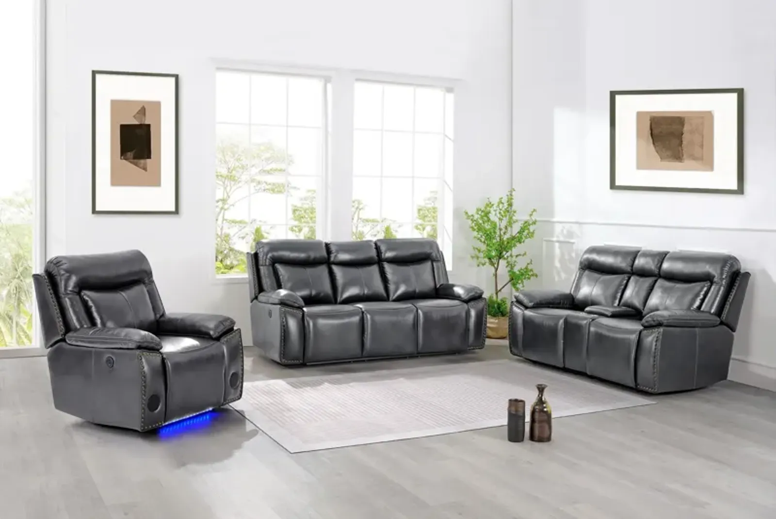 3 Piece Living Room Set: Power Reclining Sofa, Power Reclining Chair, Stationary Loveseat