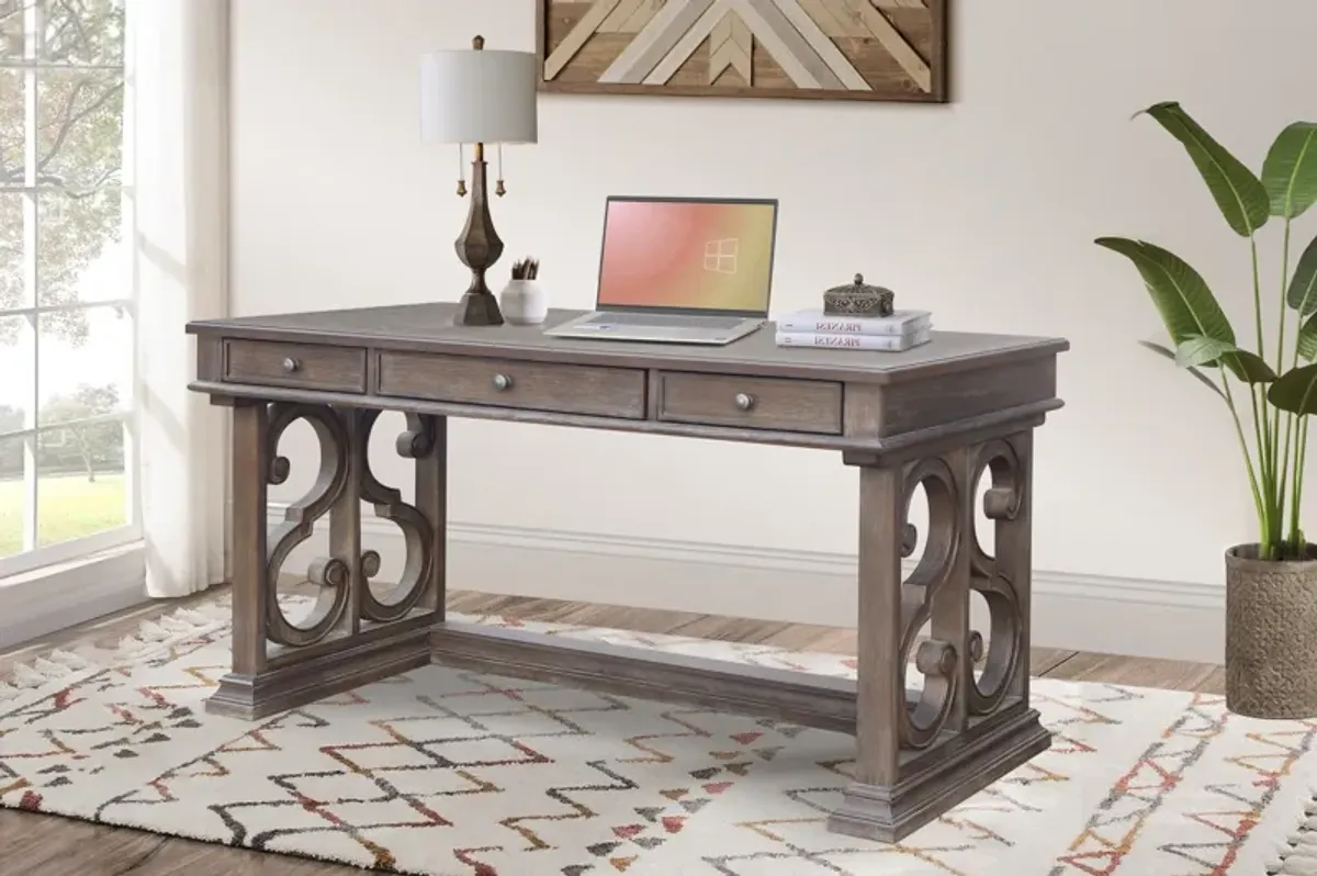 Reclaimed Grey Oak Scroll Writing Desk with 3 Drawers