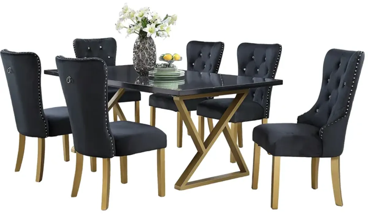 7 Piece Black Marble Dining Set with Steel Base and Velvet Chairs