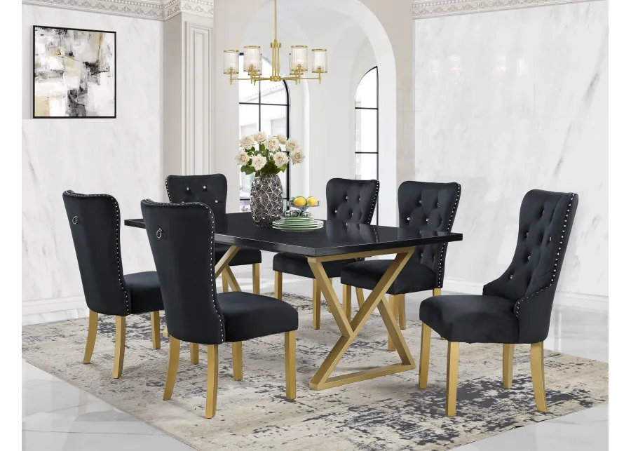 7-Piece Black Marble Dining Set with Steel Base and Velvet Chairs