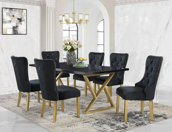 7 Piece Black Marble Dining Set with Steel Base and Velvet Chairs
