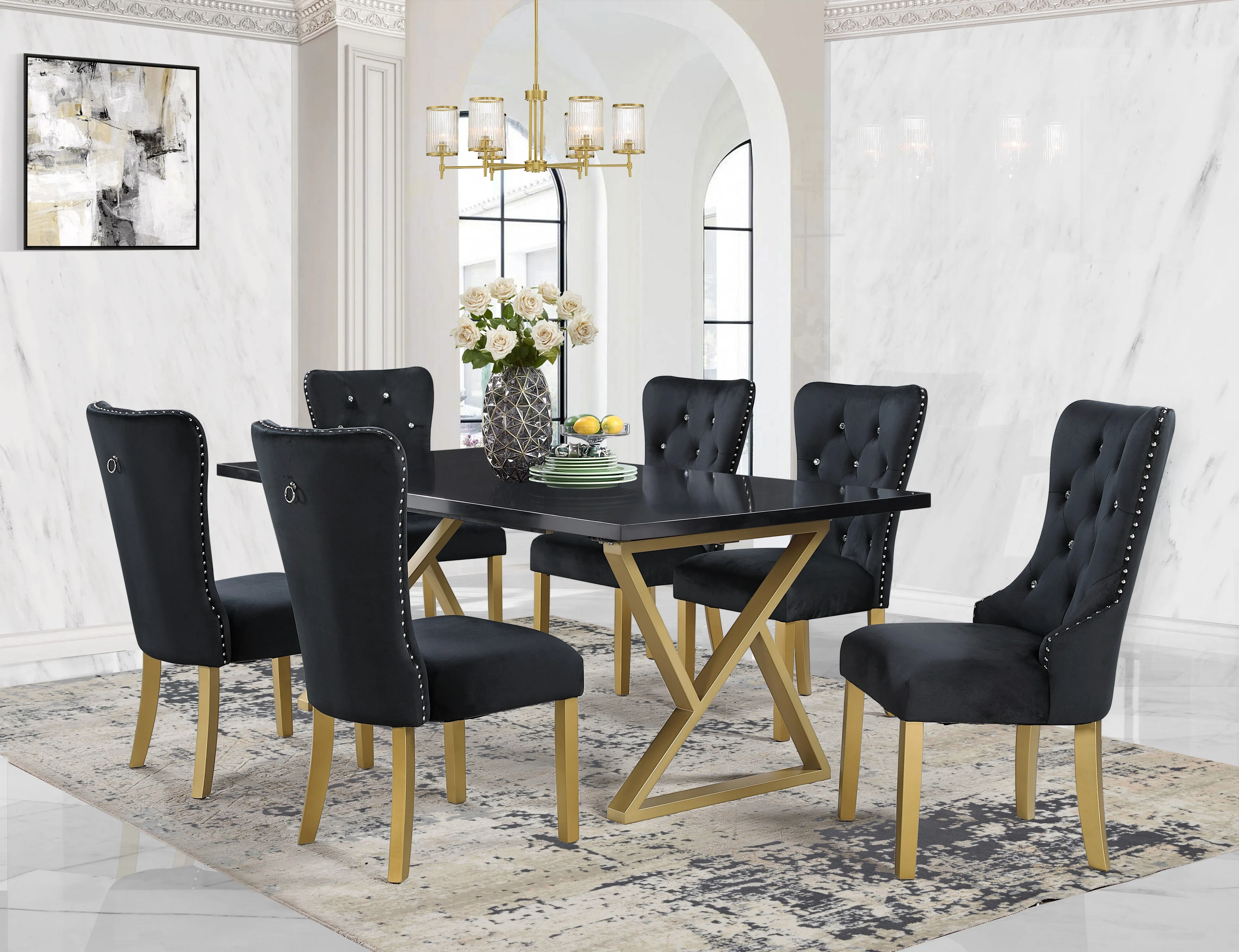 7-Piece Black Marble Dining Set with Steel Base and Velvet Chairs