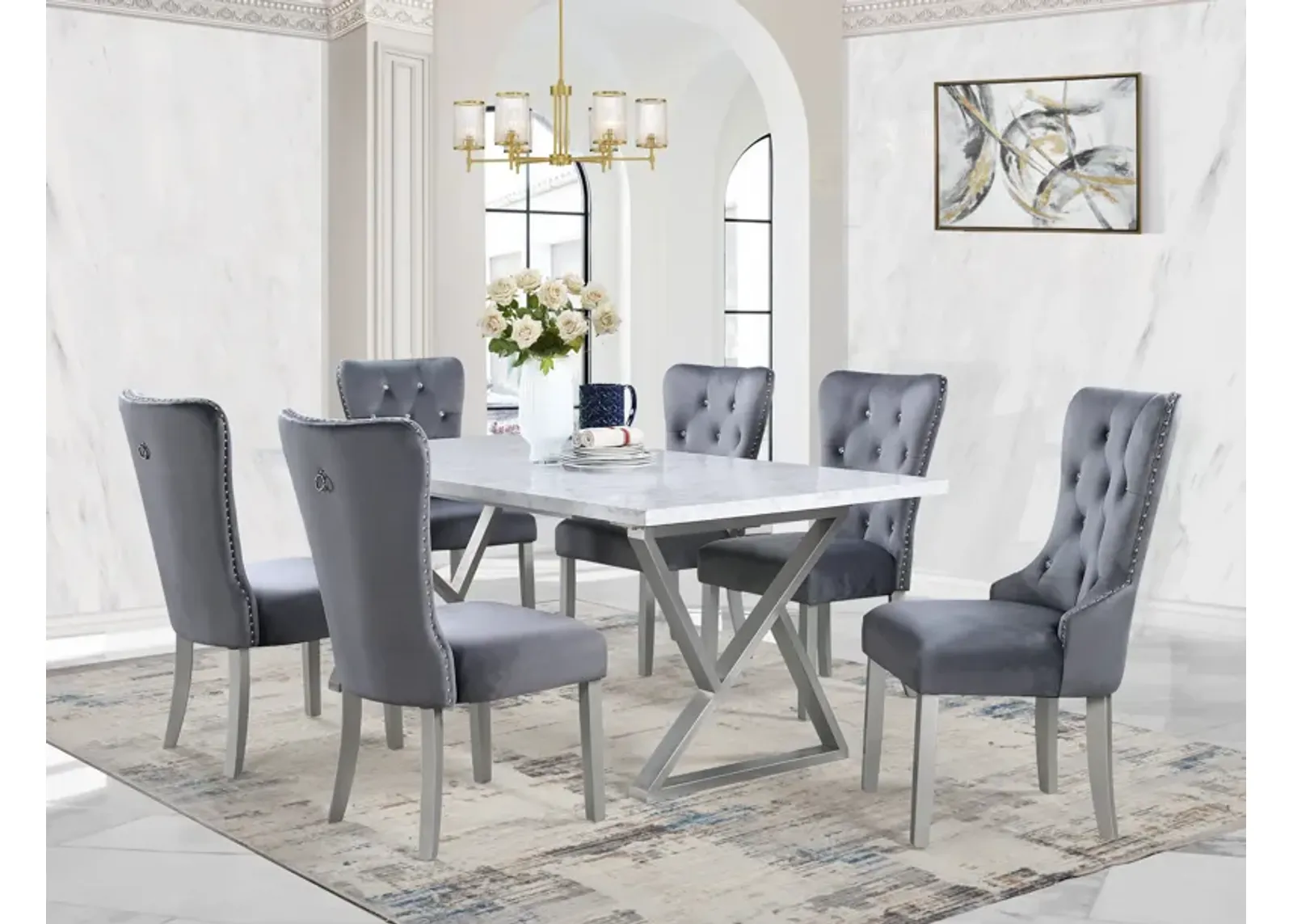 7 Piece Gray Marble Dining Set with Steel Base and Velvet Chairs