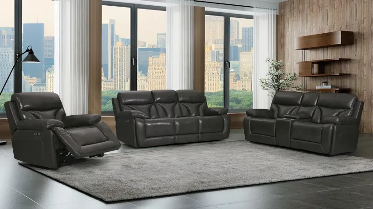 3 Piece Living Room Set: Power Reclining Sofa, Power Reclining Chair, Stationary Loveseat - Top Grain Leather