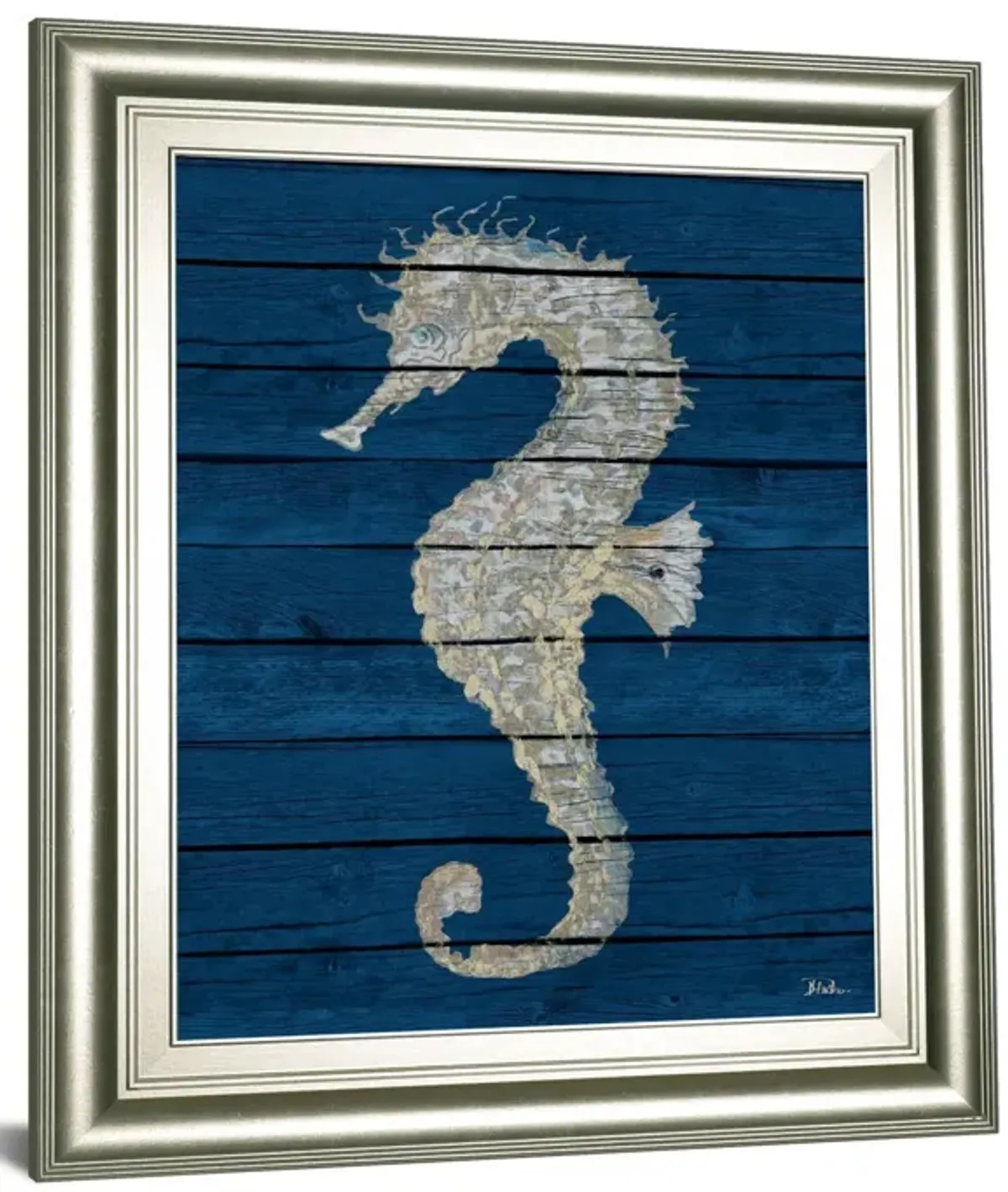 Antique Seahorse On Blue Il By Patricia Pinto - Framed Print Wall Art - Blue