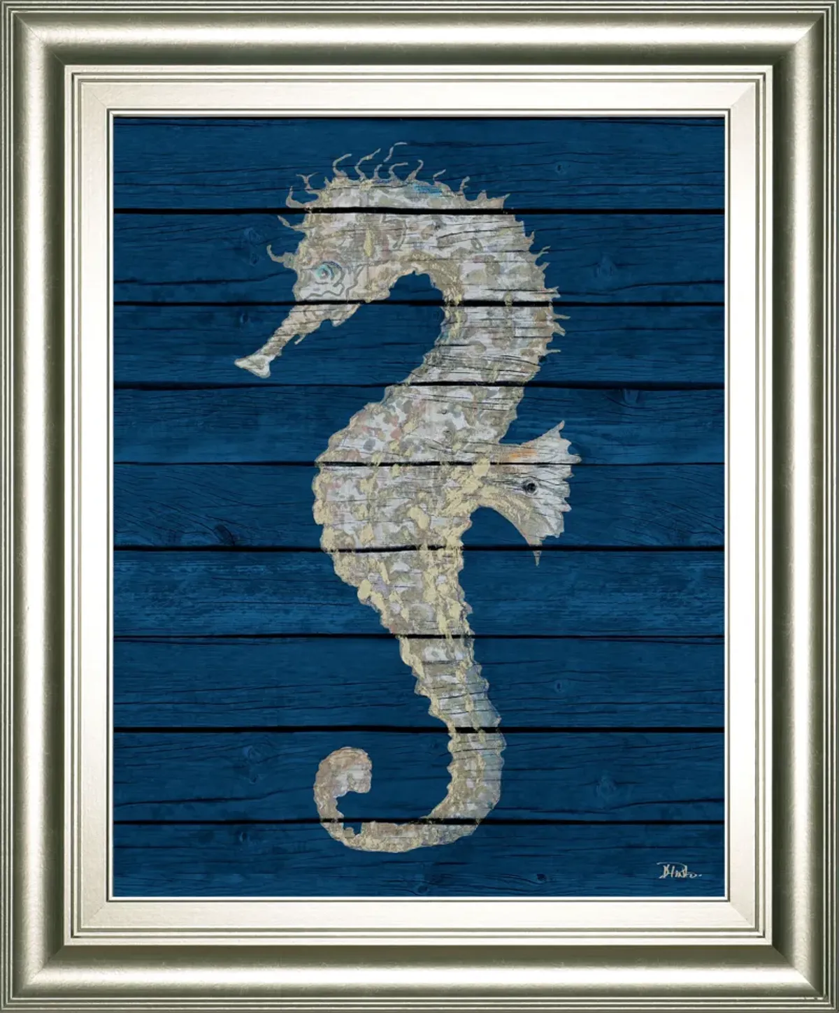 Antique Seahorse On Blue Il By Patricia Pinto - Framed Print Wall Art - Blue