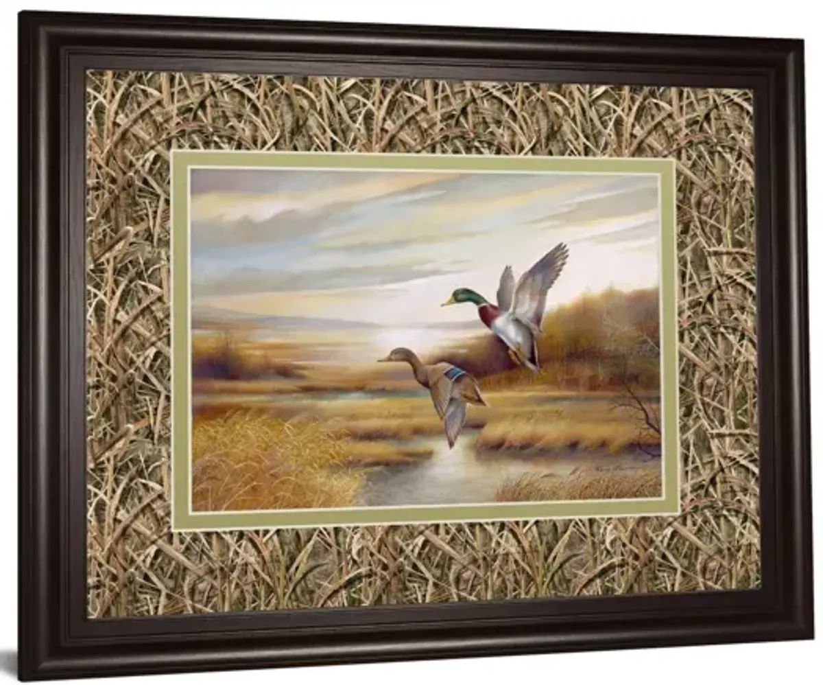 34x40 Mallards By Ruanne Manning And Mossy Oak Native Living - Framed Print Wall Art - Dark Brown