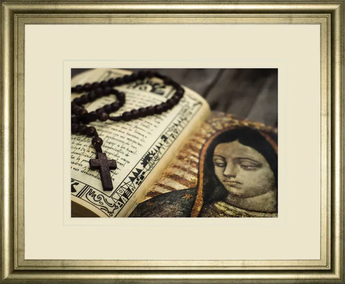 Rosary In Bible By Kbuntu - Framed Print Wall Art - Dark Brown