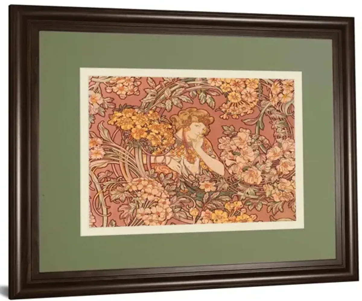 Redhead Among Flowers By Alphonse Mucha - Framed Print Wall Art - Pink