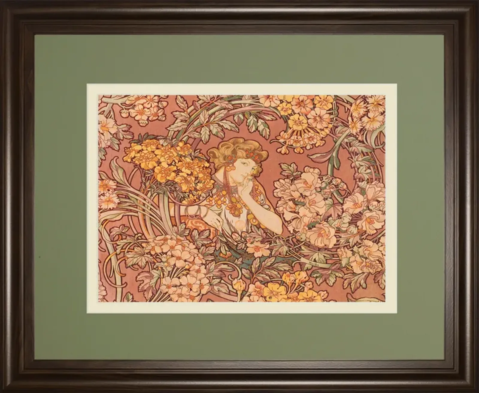 Redhead Among Flowers By Alphonse Mucha - Framed Print Wall Art - Pink