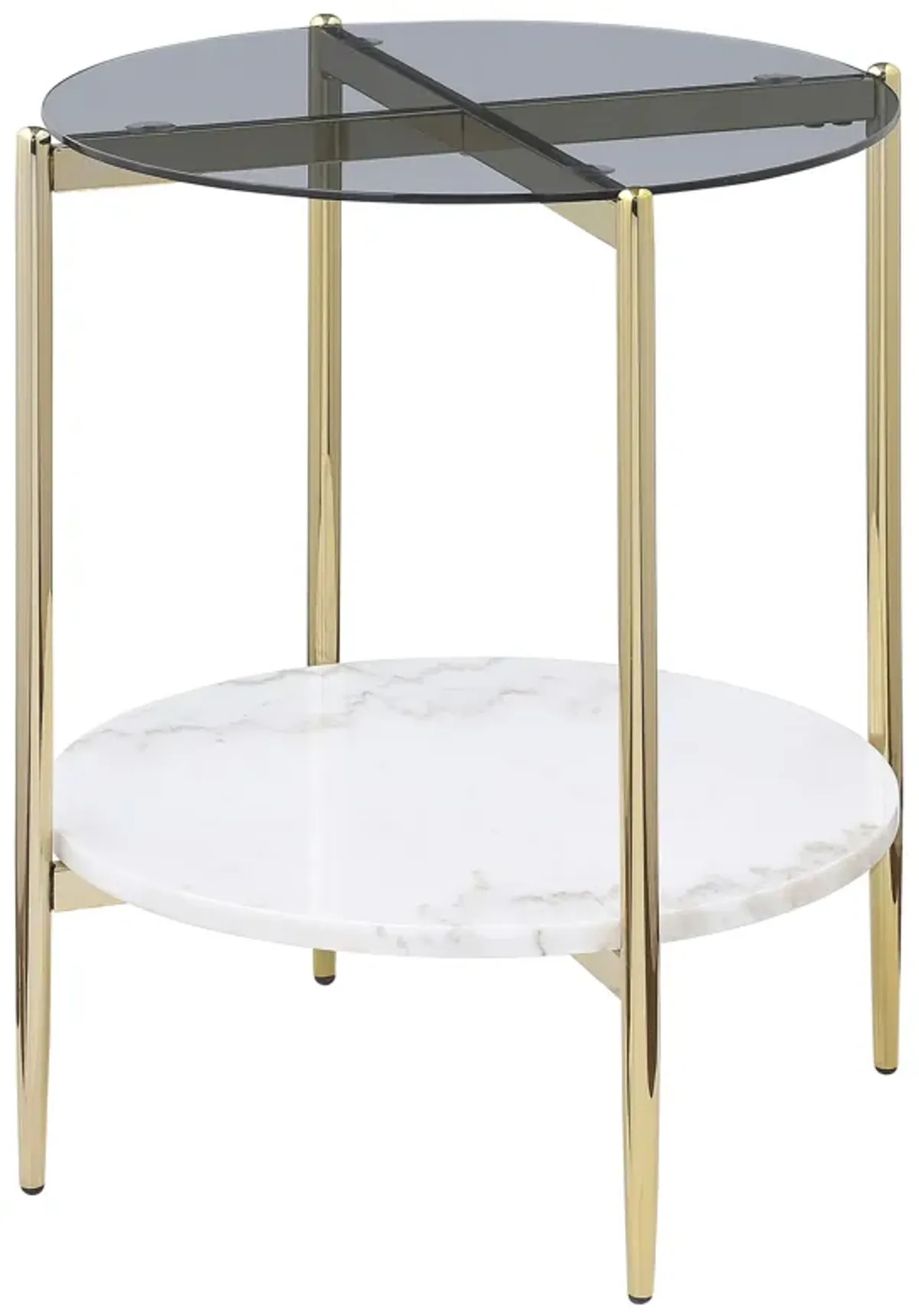 Jonelle - Round Glass Top End Table White Marble Shelf Gold - Smoke