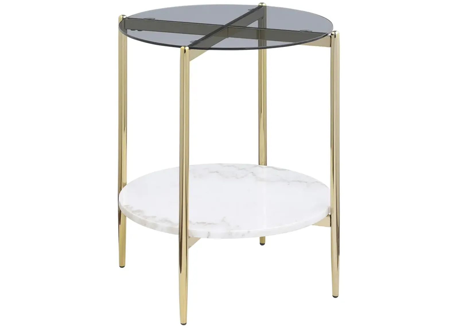 Jonelle - Round Glass Top End Table White Marble Shelf Gold - Smoke