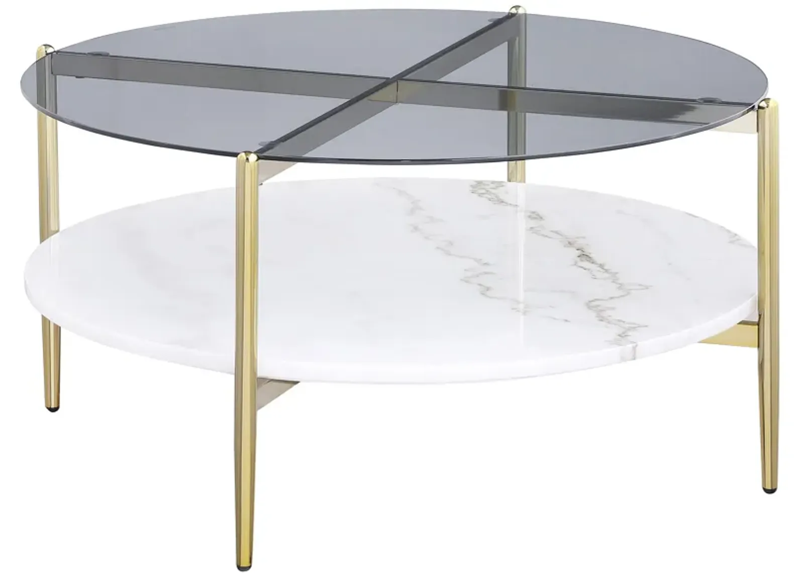 Jonelle - Round Glass Top Coffee Table White Marble Shelf Gold - Smoke