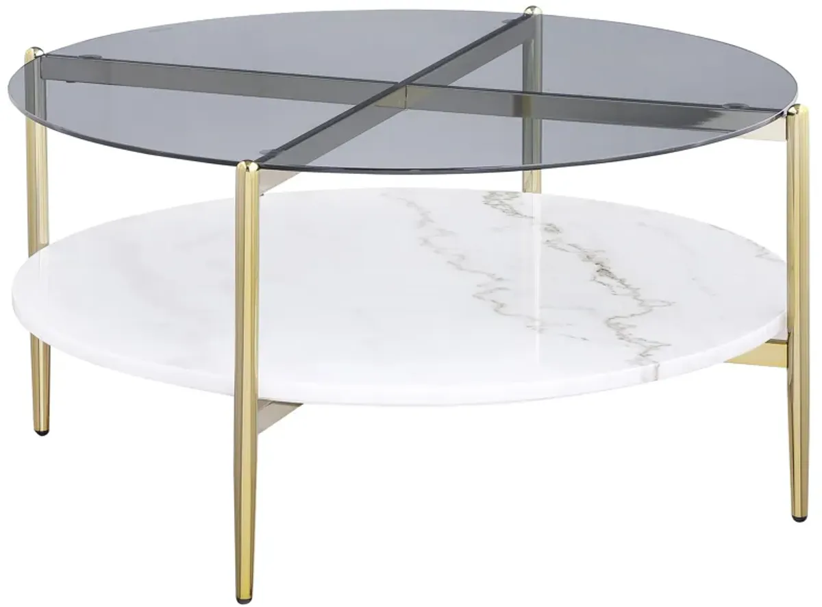 Jonelle - Round Glass Top Coffee Table White Marble Shelf Gold - Smoke