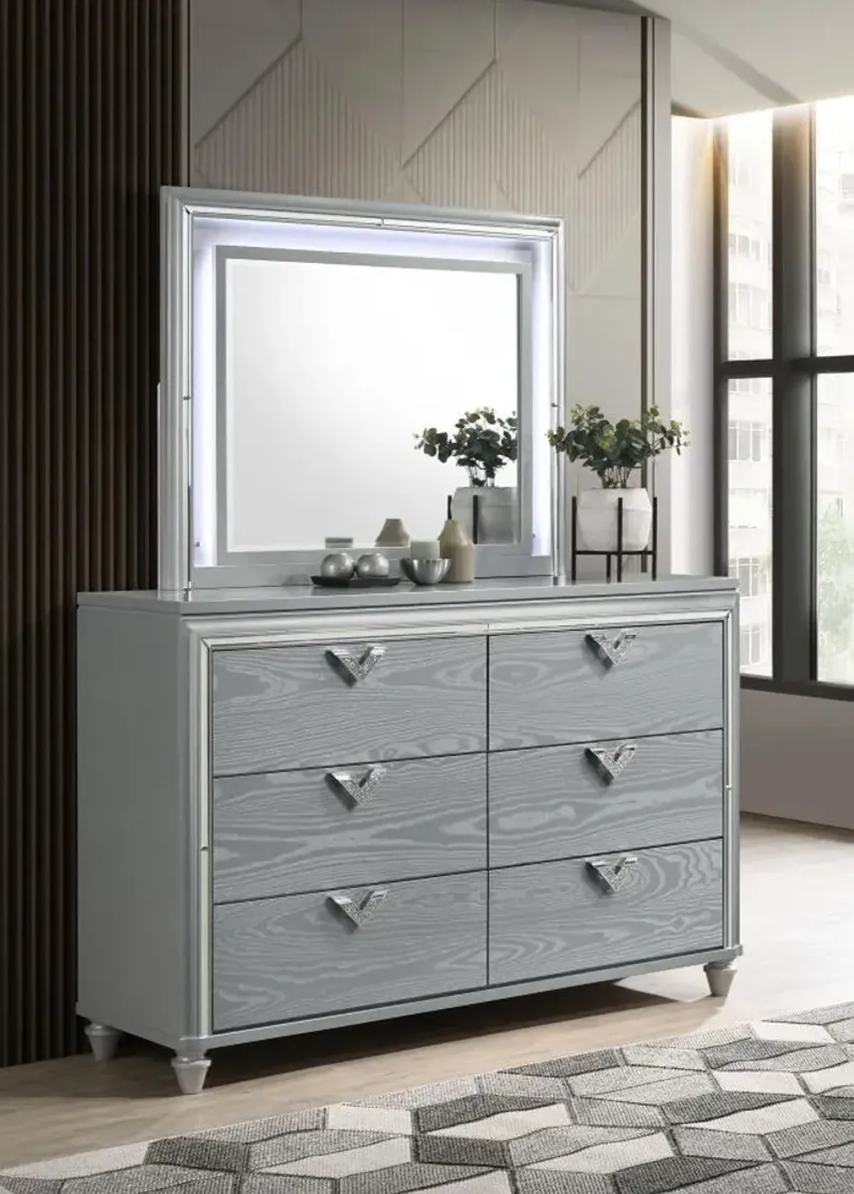 Veronica - 6-Drawer Dresser With Mirror - Light Silver