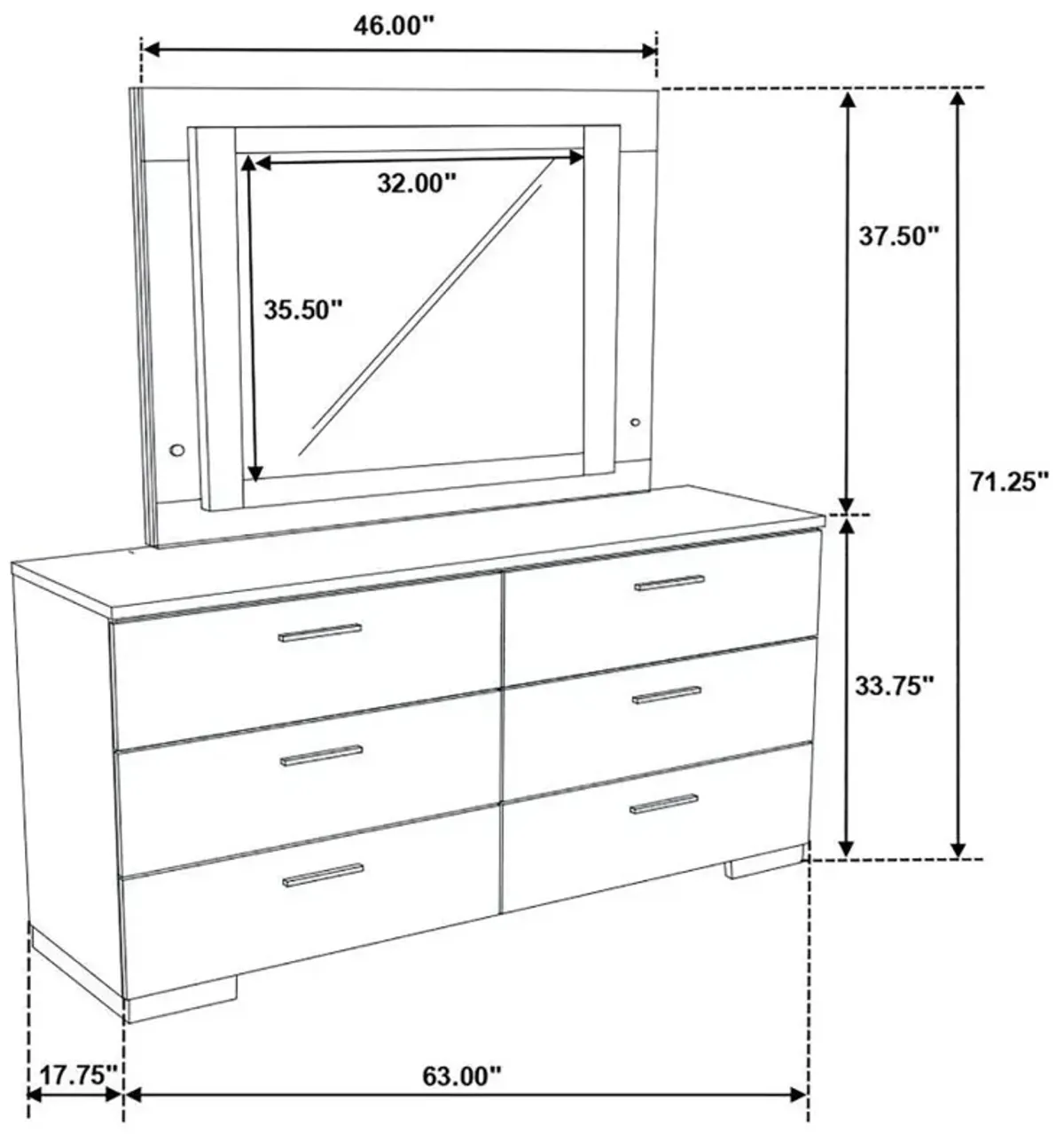 Felicity - 6-Drawer Dresser With LED Mirror - White High Gloss