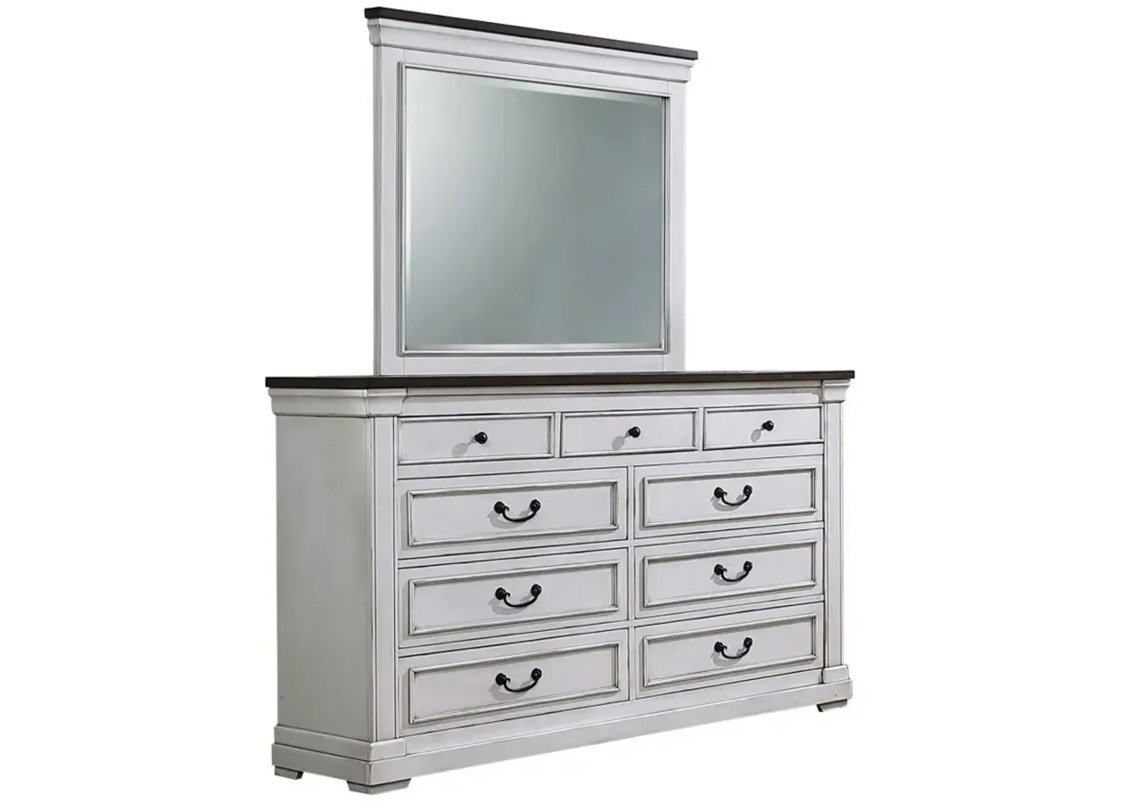 Hillcrest - 9-Drawer Dresser With Mirror - Distressed White