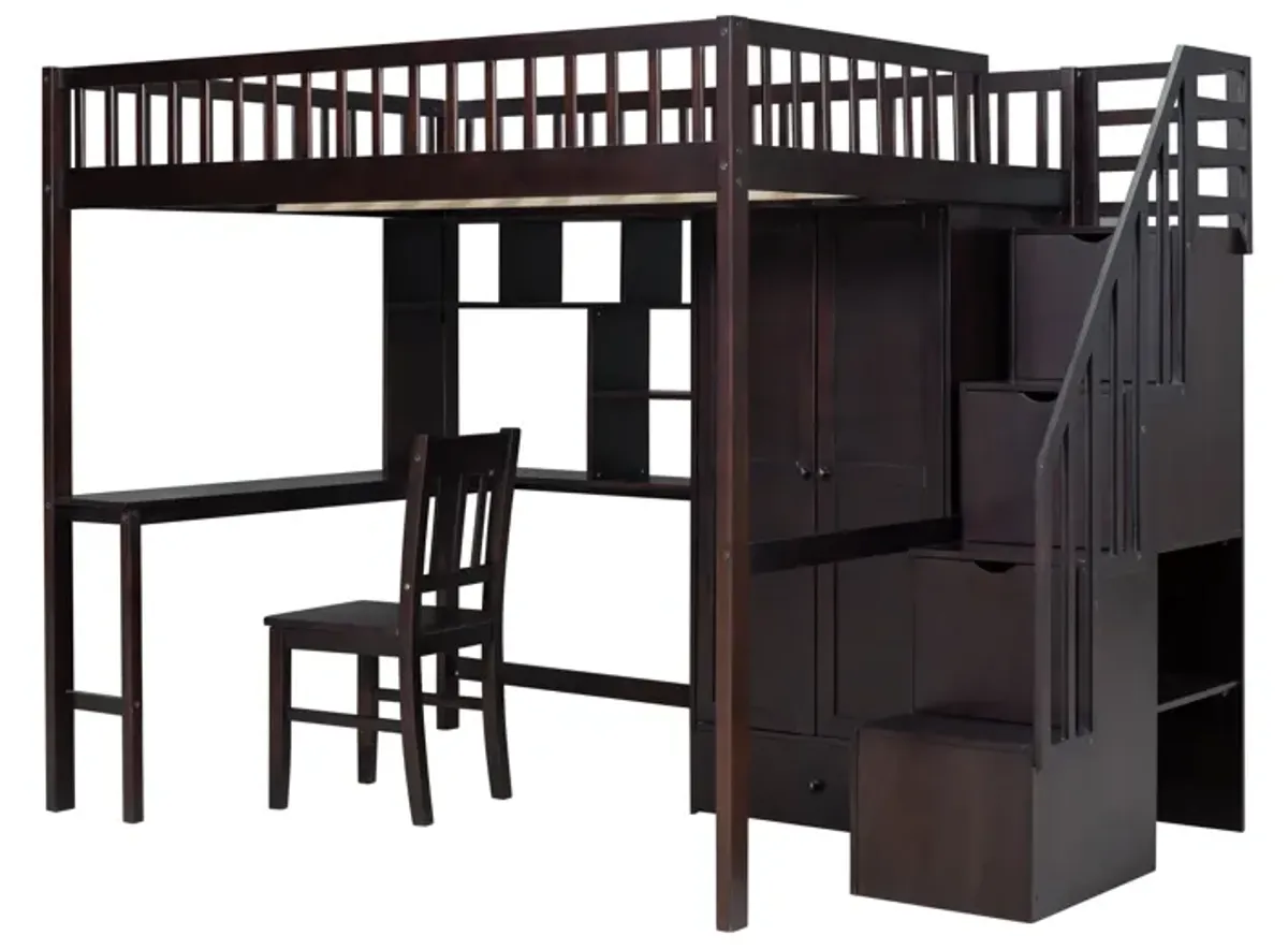 Full-Size Loft Bed with Built-in Desk, Bookshelf, Wardrobe, and Chair