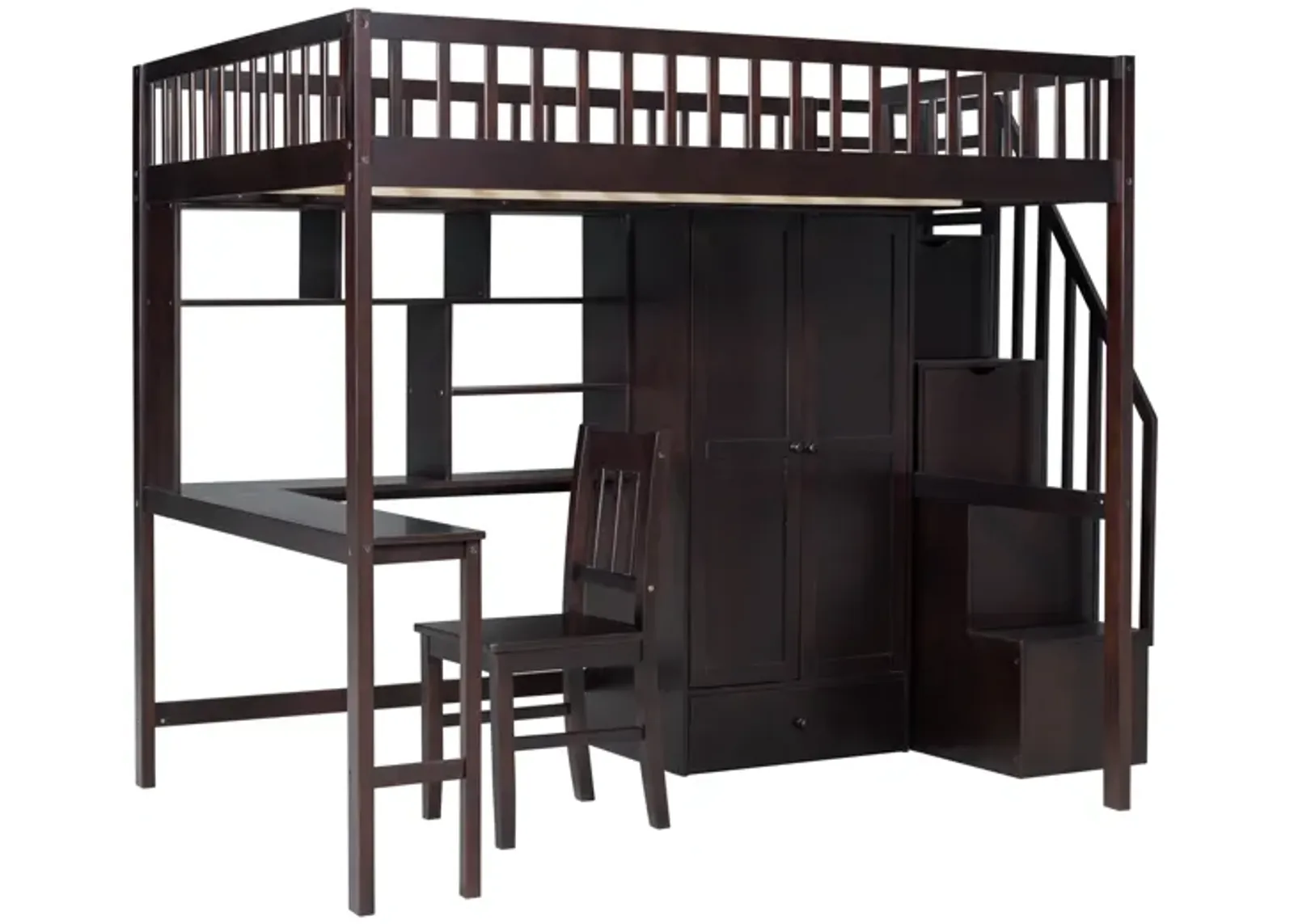 Full-Size Loft Bed with Built-in Desk, Bookshelf, Wardrobe, and Chair