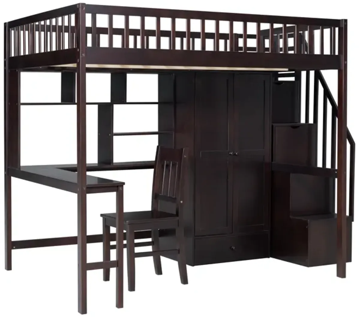 Full-Size Loft Bed with Built-in Desk, Bookshelf, Wardrobe, and Chair