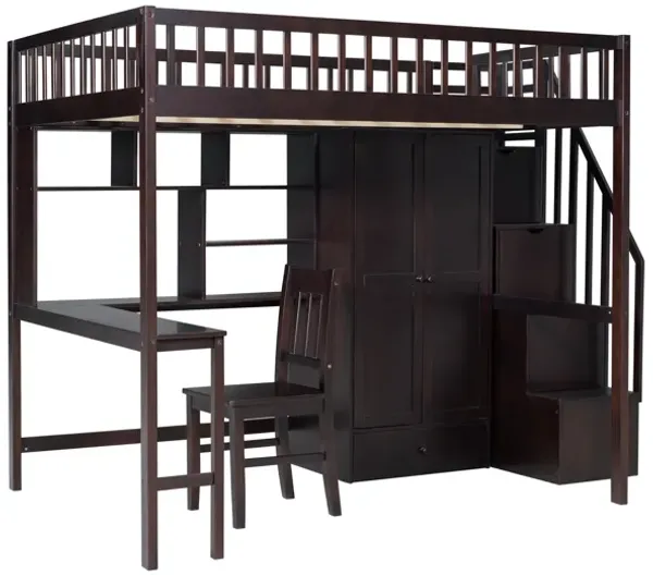 Full-Size Loft Bed with Built-in Desk, Bookshelf, Wardrobe, and Chair