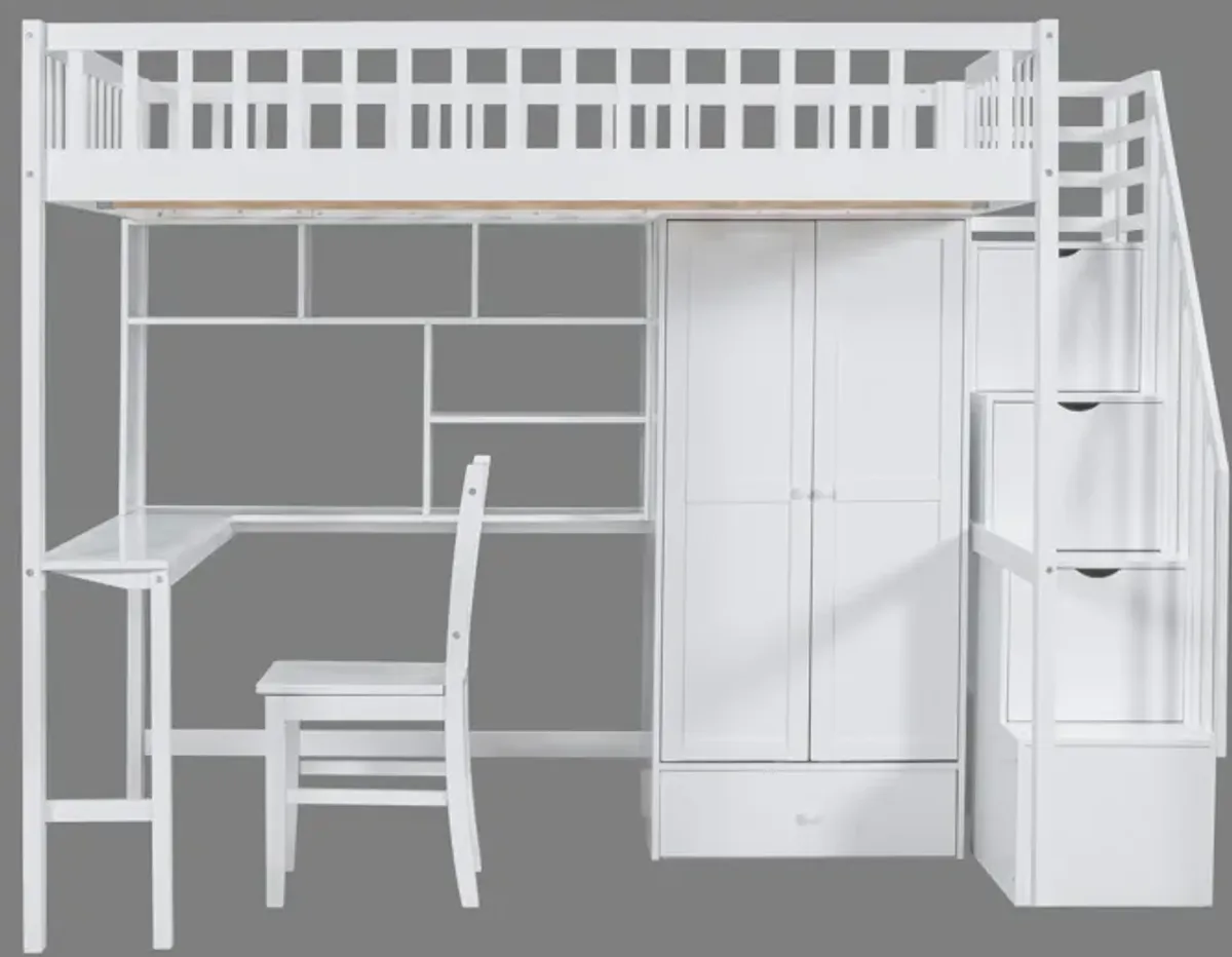 Full-Size Loft Bed with Built-in Desk, Bookshelf, Wardrobe, and Chair