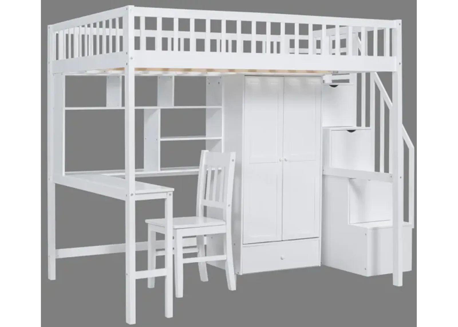 Full-Size Loft Bed with Built-in Desk, Bookshelf, Wardrobe, and Chair