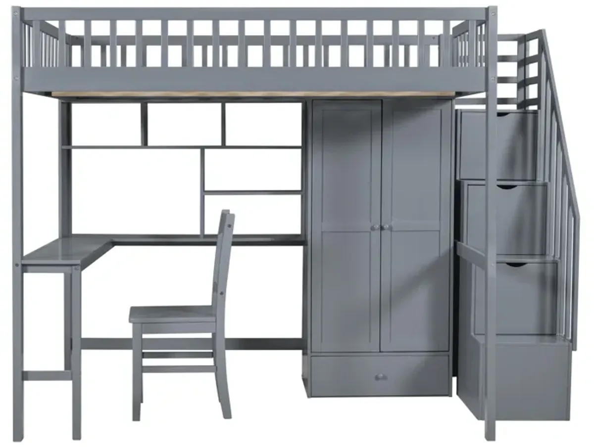 Full-Size Loft Bed with Built-in Desk, Bookshelf, Wardrobe, and Chair