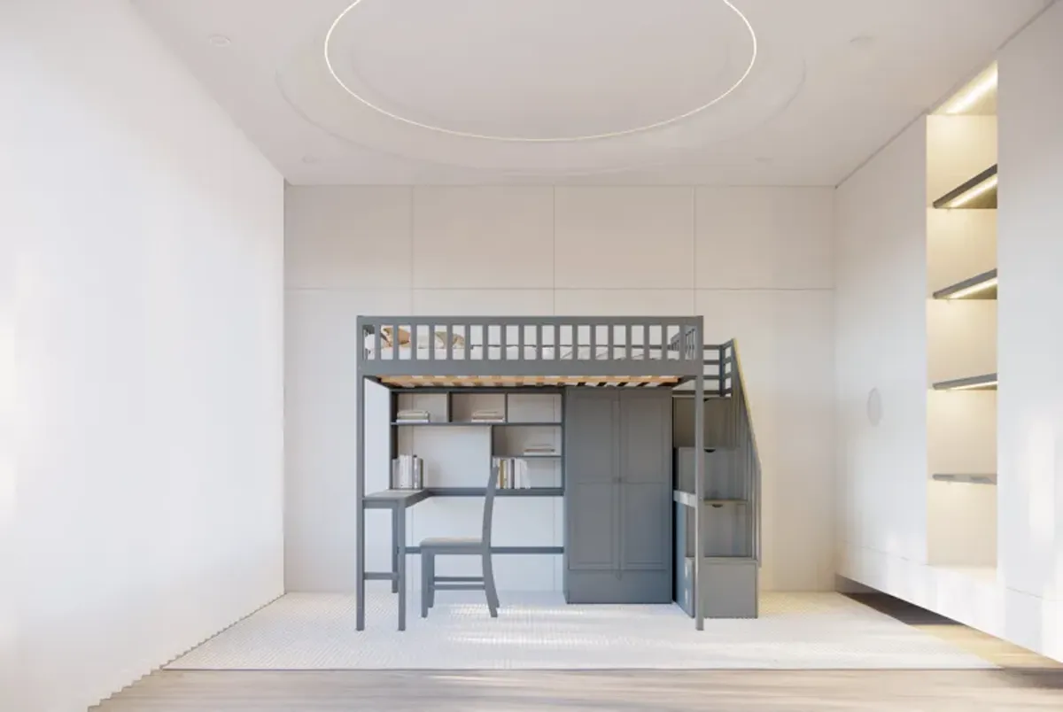 Full-Size Loft Bed with Built-in Desk, Bookshelf, Wardrobe, and Chair