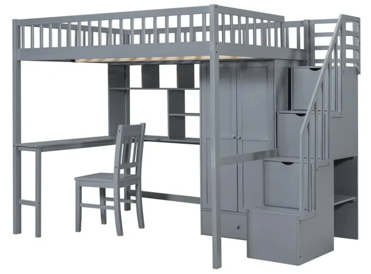 Full-Size Loft Bed with Built-in Desk, Bookshelf, Wardrobe, and Chair