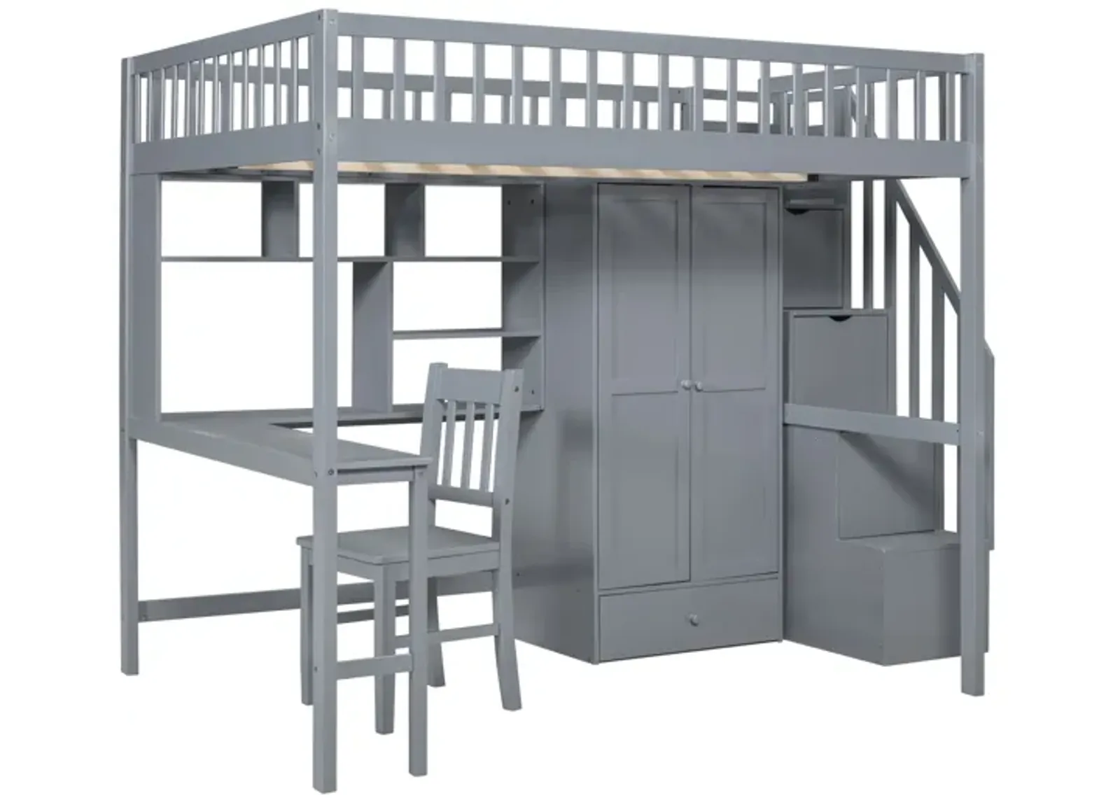 Full-Size Loft Bed with Built-in Desk, Bookshelf, Wardrobe, and Chair