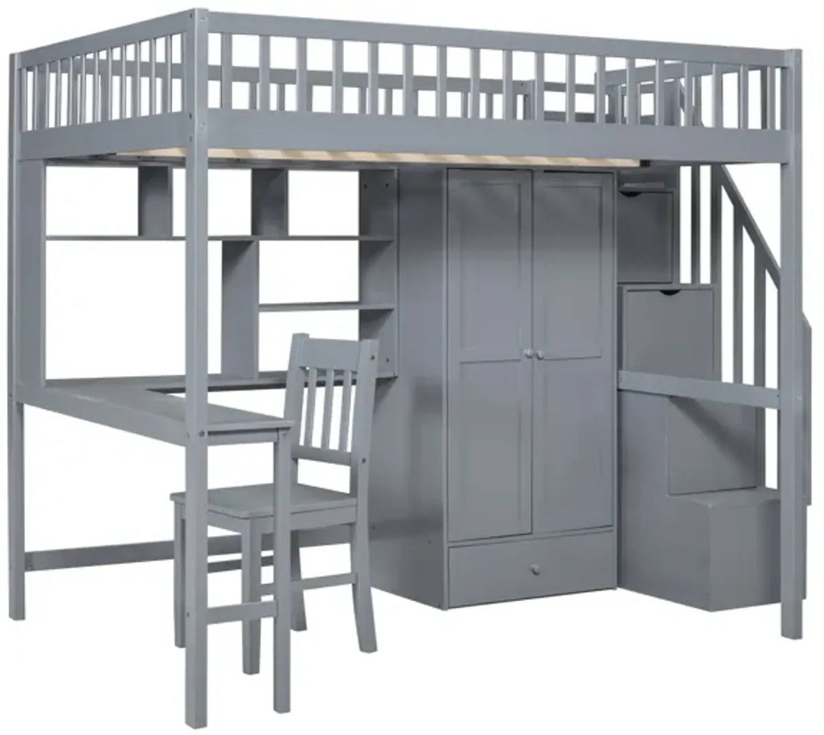 Full-Size Loft Bed with Built-in Desk, Bookshelf, Wardrobe, and Chair