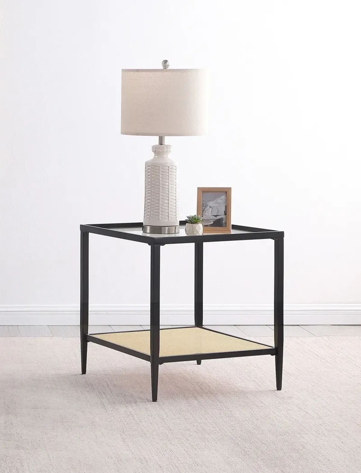 Amherst - Glass Top Metal with Cane Shelf End Table - Black