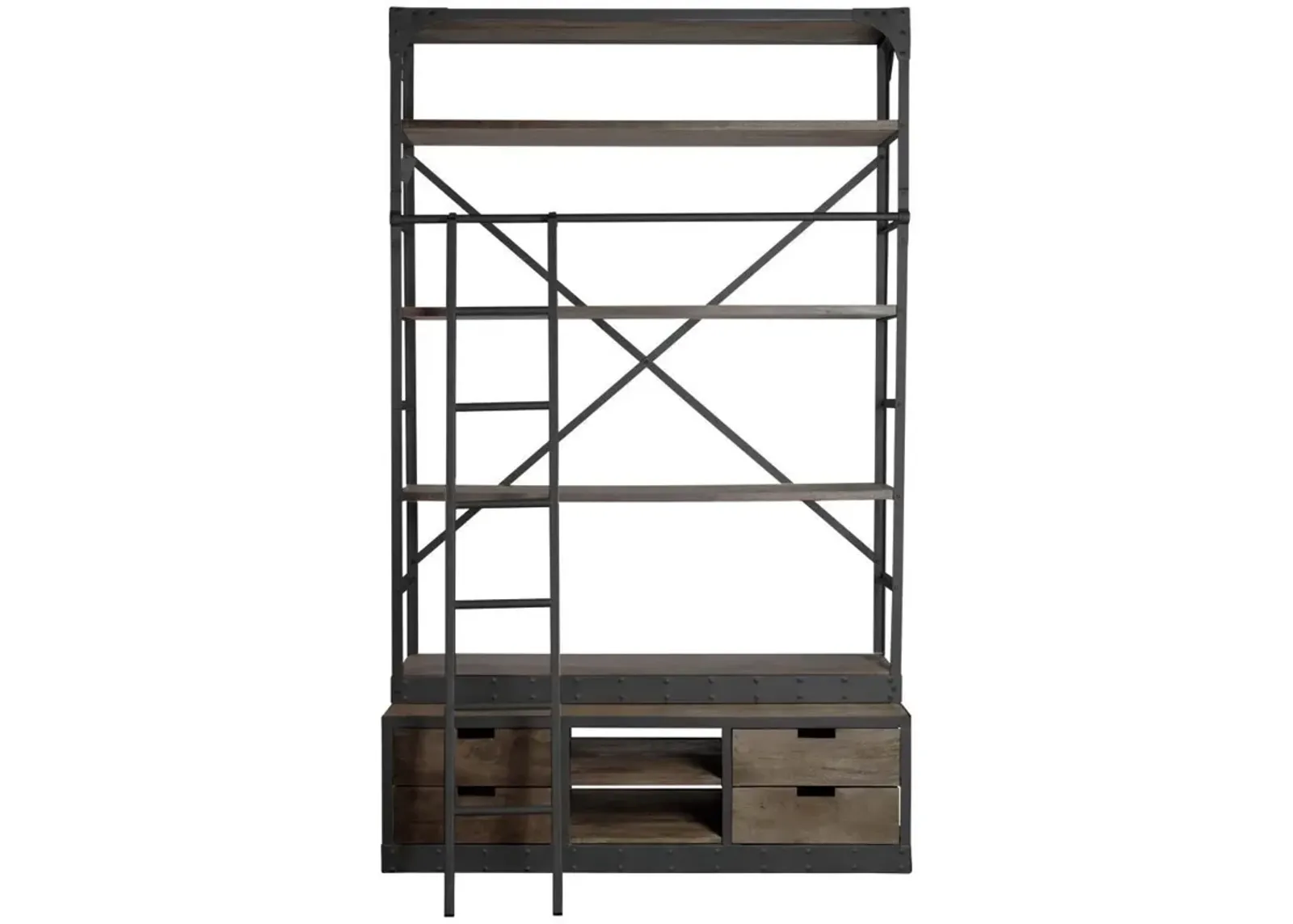 Wood Shelving Unit With Gun Metal Ladder And 4 Shelves - Brown